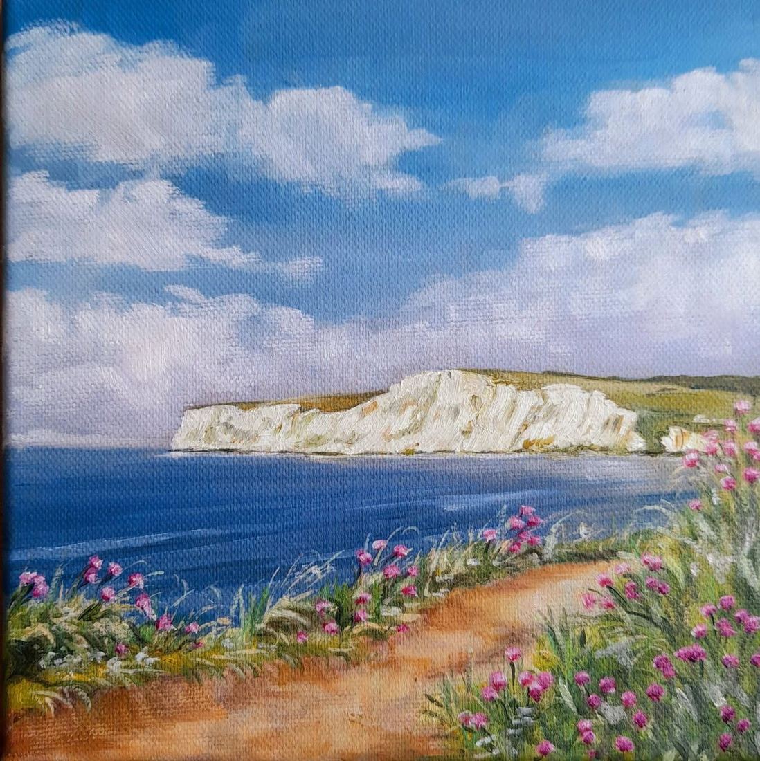 Chalk cliffs and sea thrift, canvas