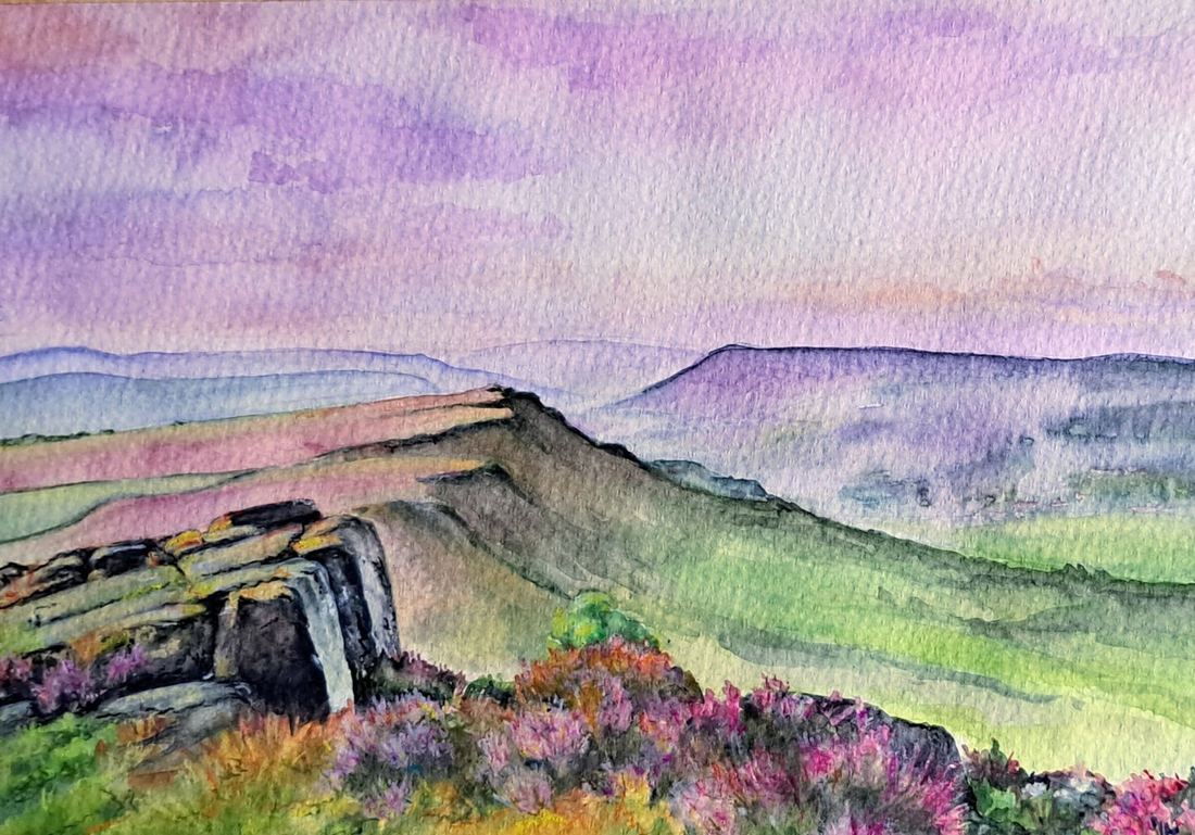 Curbar Edge at dusk, watercolour