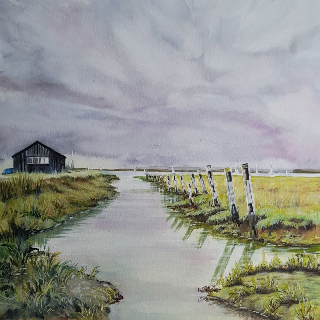 Saltmarsh with a black hut, watercolour