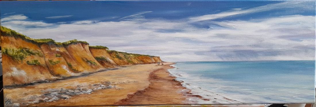 Sandstone cliffs and a long beach, canvas