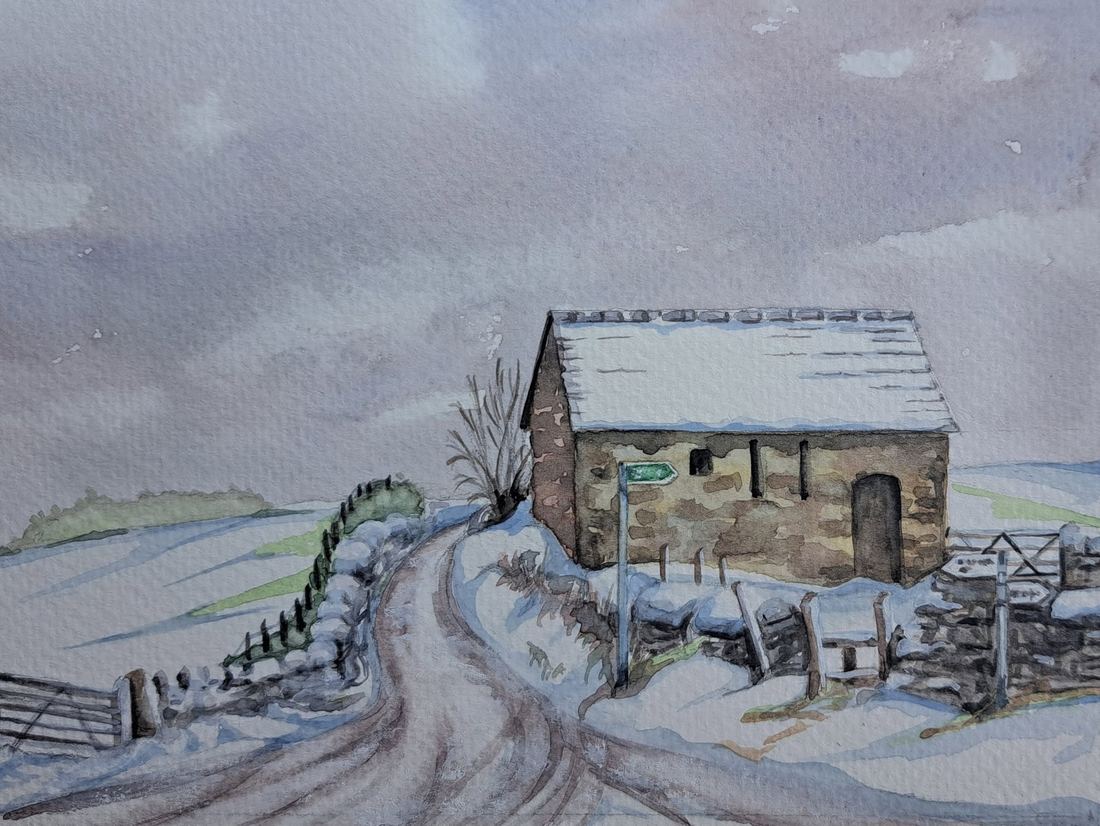 Snowy lane and field barn, Shottle, watercolour