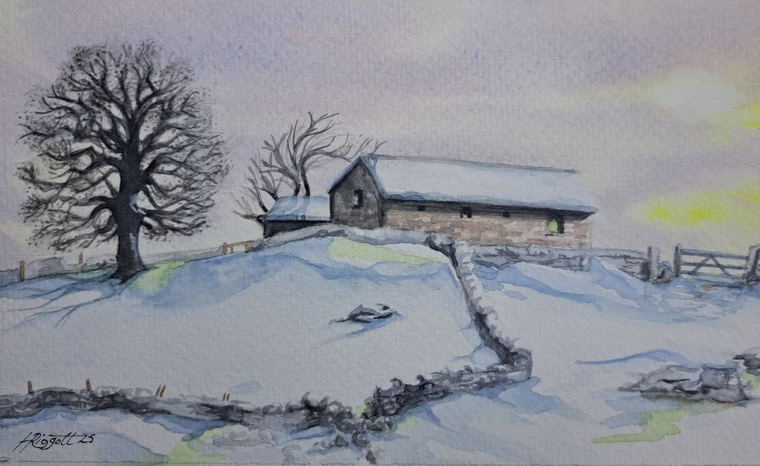 Stone barn in snow, near Hartington, watercolour