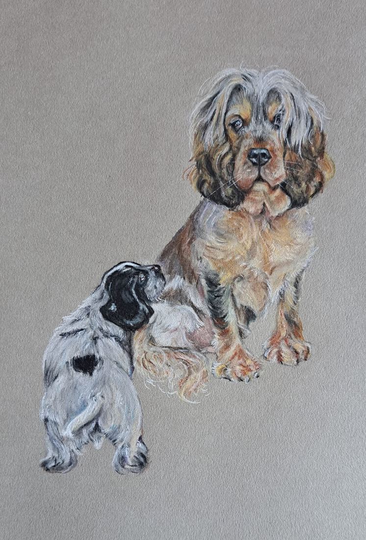 Spaniel with a puppy, pastel